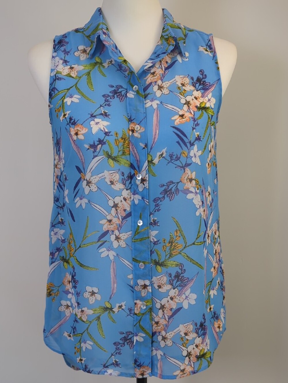 H&M Blue Floral Sleeveless Collared Button Up Blouse Tank Top Shirt SIZE 2 - Picture 5 of 13